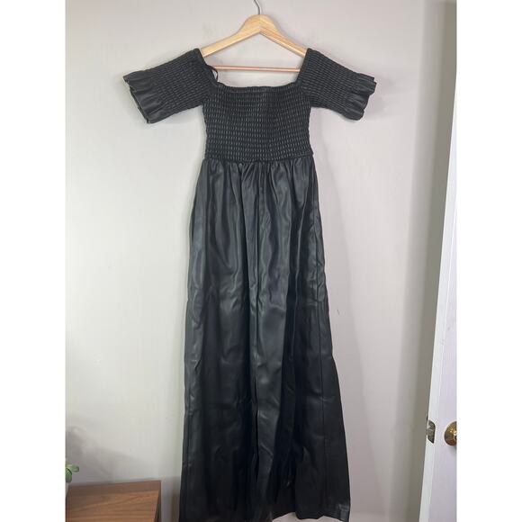 NWT STAUD Mae Smocked Off-The-Shoulder Vegan Leather Lined Maxi Dress Black - Picture 6 of 8